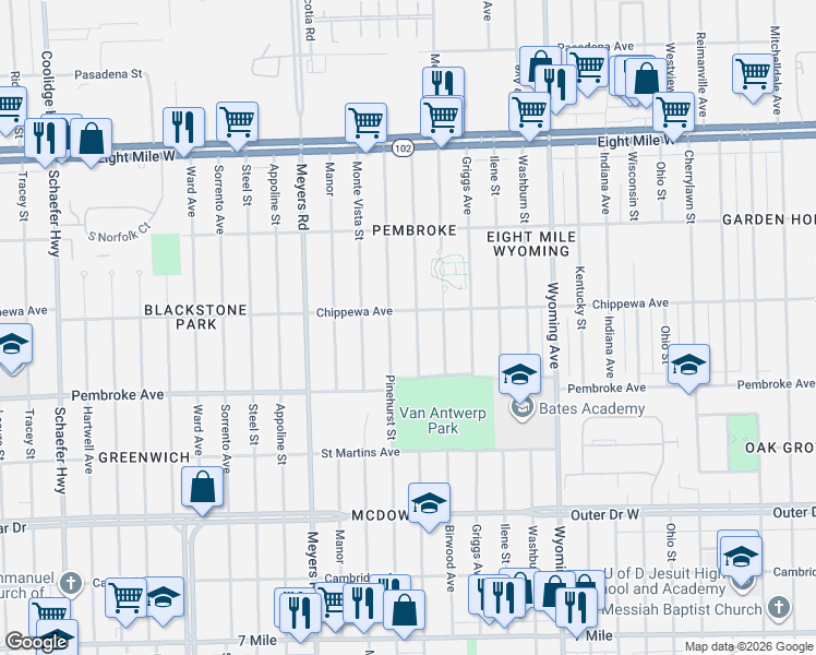 map of restaurants, bars, coffee shops, grocery stores, and more near 20110 Pinehurst Street in Detroit
