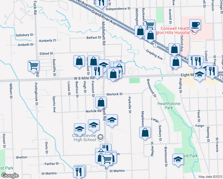 map of restaurants, bars, coffee shops, grocery stores, and more near 29321 Eight Mile Road in Livonia