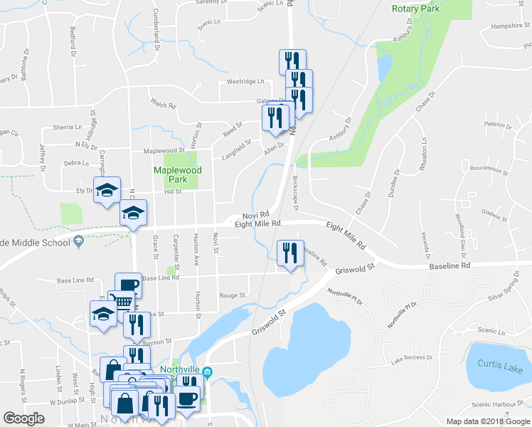 map of restaurants, bars, coffee shops, grocery stores, and more near 1127 Novi Road in Northville