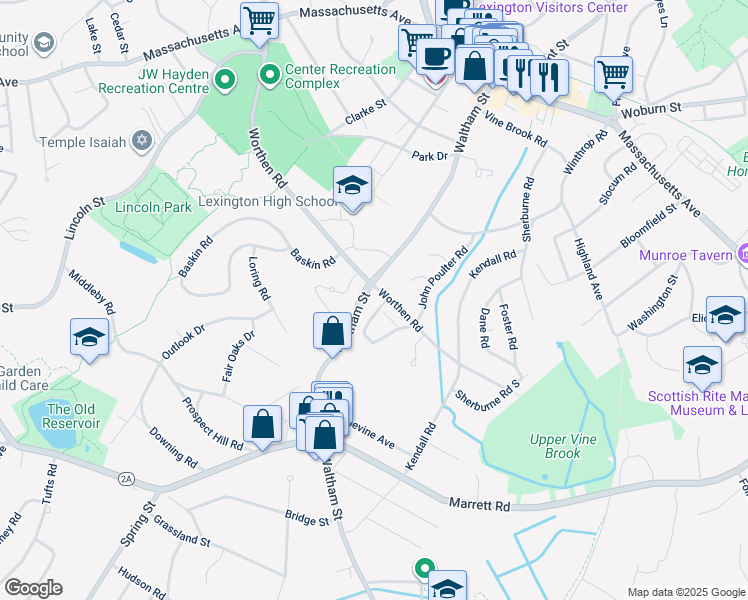 map of restaurants, bars, coffee shops, grocery stores, and more near 7 Captain Parker Arms in Lexington