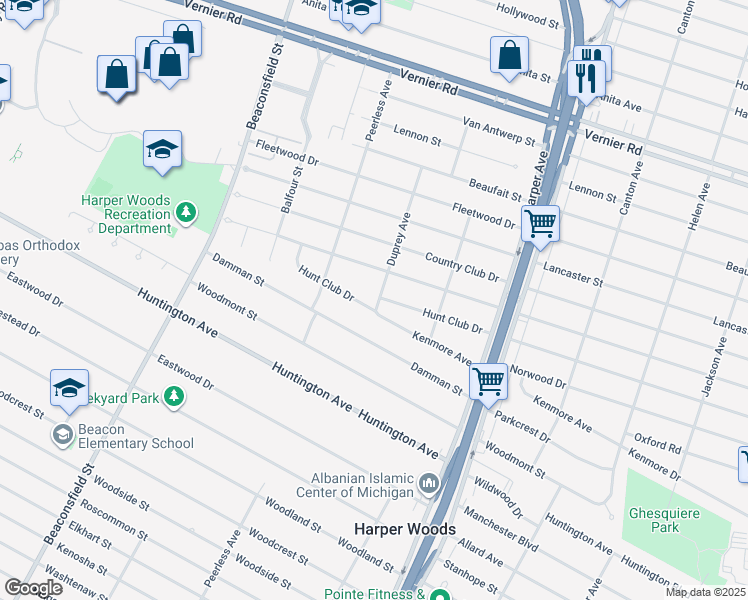 map of restaurants, bars, coffee shops, grocery stores, and more near 20268 Lochmoor Street in Harper Woods