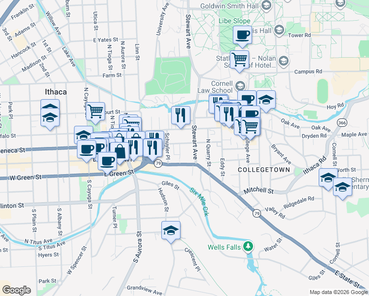 map of restaurants, bars, coffee shops, grocery stores, and more near 603 East Seneca Street in Ithaca