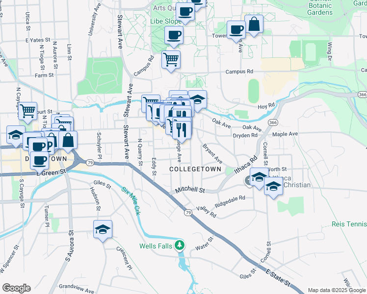 map of restaurants, bars, coffee shops, grocery stores, and more near 301 College Avenue in Ithaca