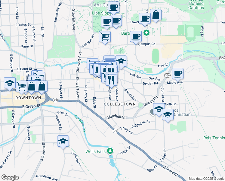 map of restaurants, bars, coffee shops, grocery stores, and more near 301 College Avenue in Ithaca