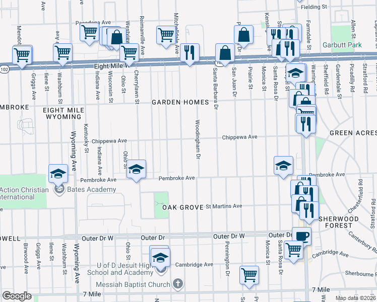 map of restaurants, bars, coffee shops, grocery stores, and more near 20065 Woodingham Drive in Detroit
