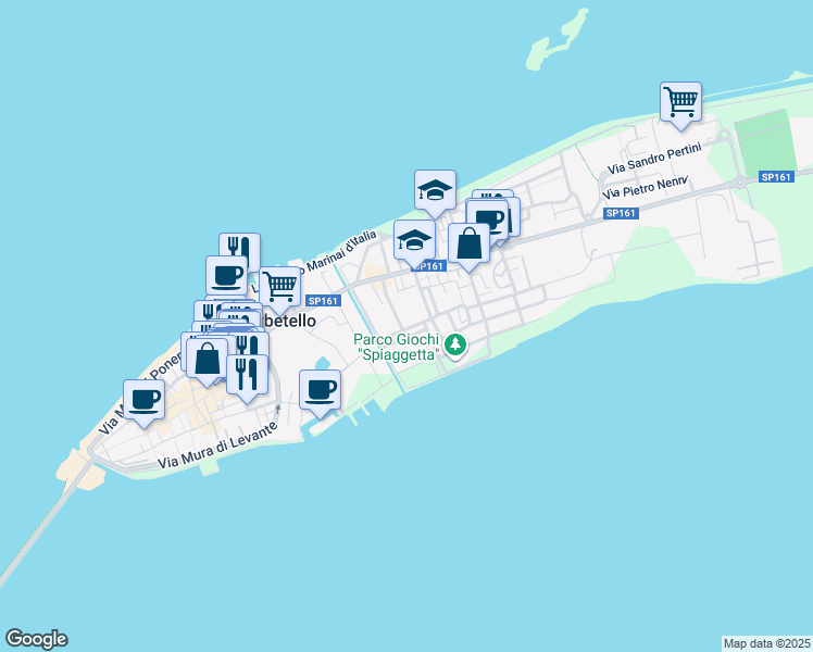 map of restaurants, bars, coffee shops, grocery stores, and more near 26 Via Edmondo de Amicis in Orbetello