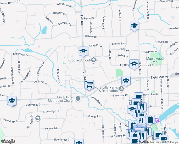 map of restaurants, bars, coffee shops, grocery stores, and more near 21054 Boulder Circle in Northville