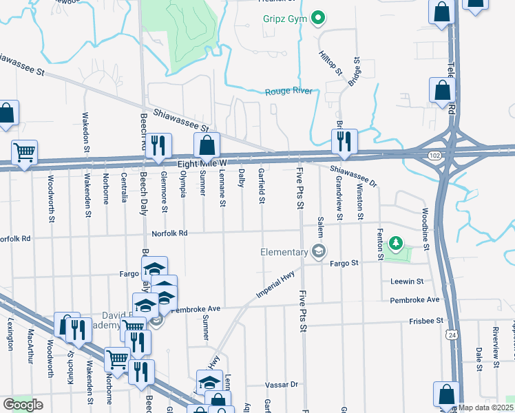 map of restaurants, bars, coffee shops, grocery stores, and more near 20477 Garfield in Redford Charter Township
