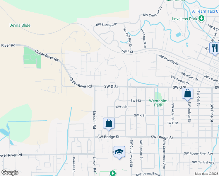map of restaurants, bars, coffee shops, grocery stores, and more near 1924 Southwest Kurtz Lane in Grants Pass