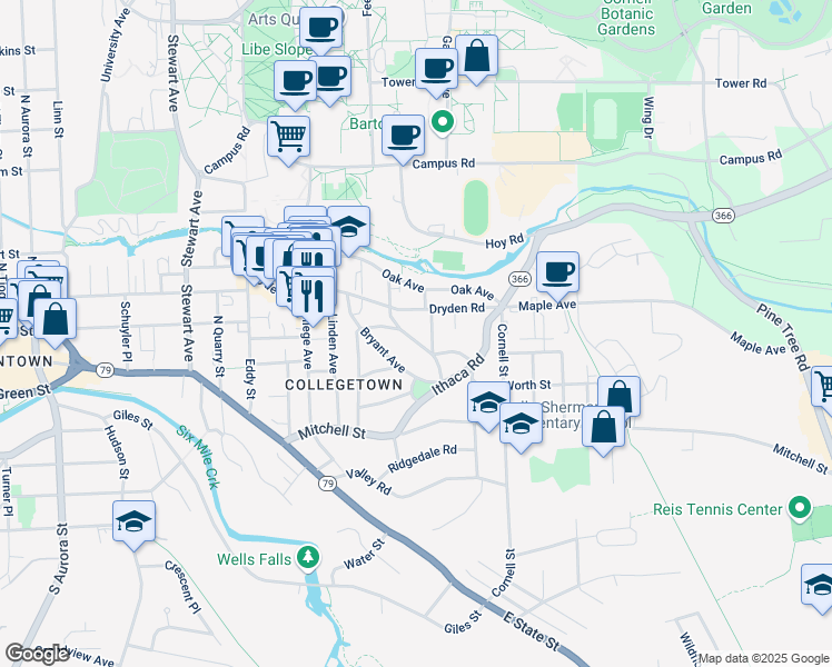 map of restaurants, bars, coffee shops, grocery stores, and more near in Ithaca