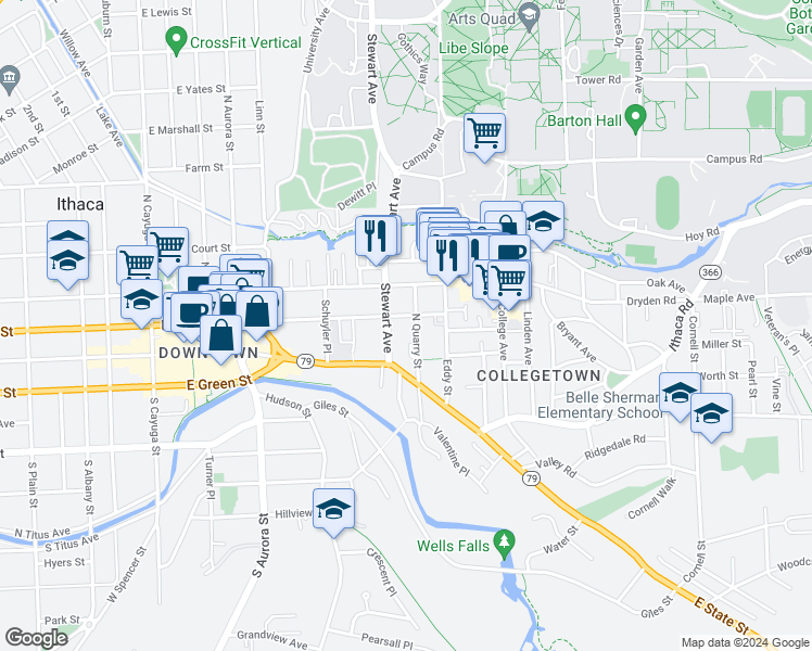map of restaurants, bars, coffee shops, grocery stores, and more near 207-09 Stewart Avenue in Ithaca
