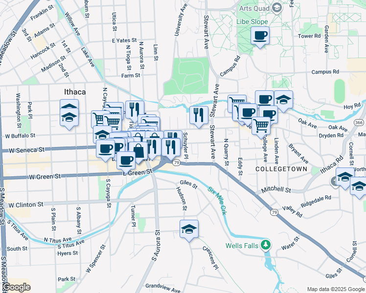 map of restaurants, bars, coffee shops, grocery stores, and more near 206 Schuyler Place in Ithaca