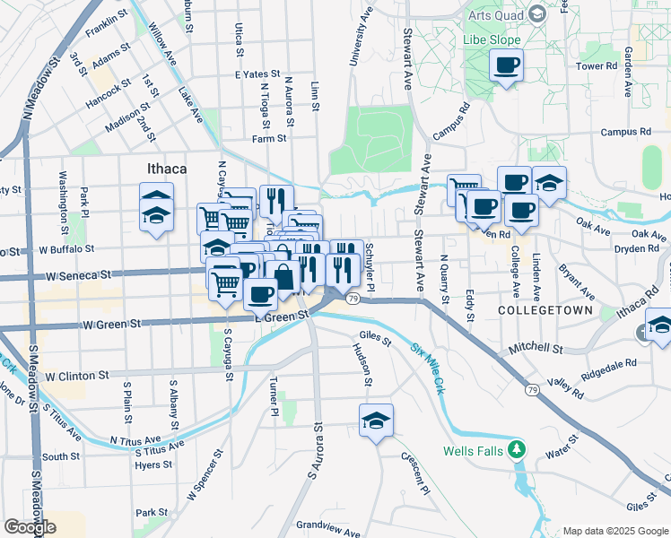 map of restaurants, bars, coffee shops, grocery stores, and more near 109 Parker Street in Ithaca