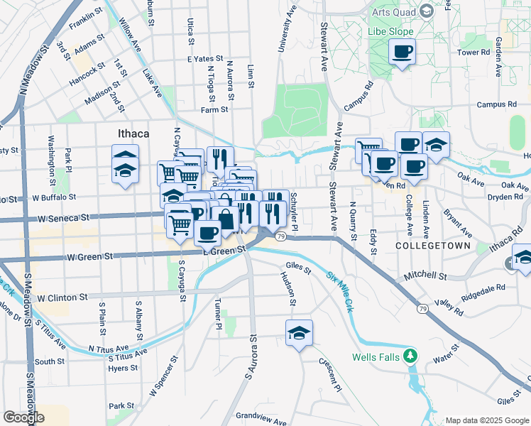 map of restaurants, bars, coffee shops, grocery stores, and more near 109 Parker Street in Ithaca