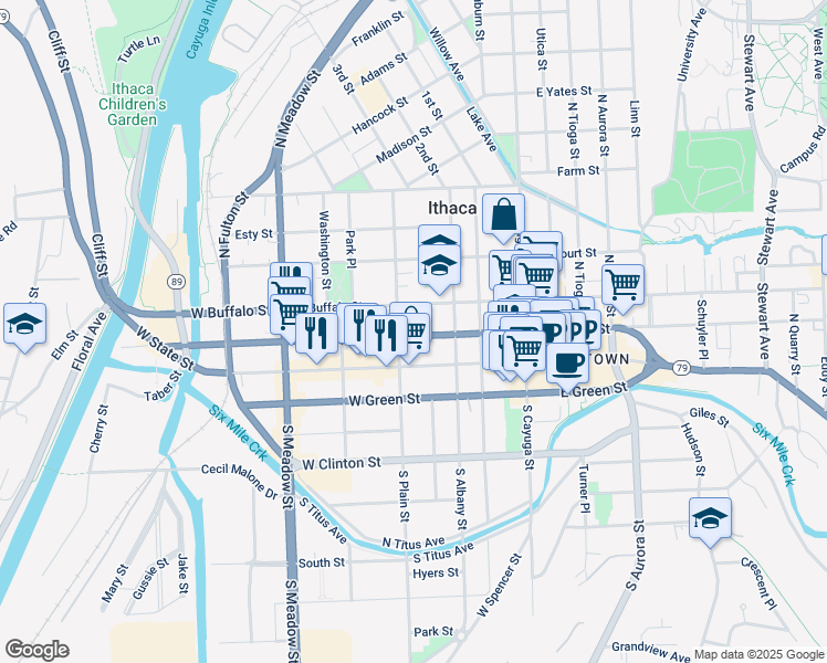 map of restaurants, bars, coffee shops, grocery stores, and more near 315 West Buffalo Street in Ithaca
