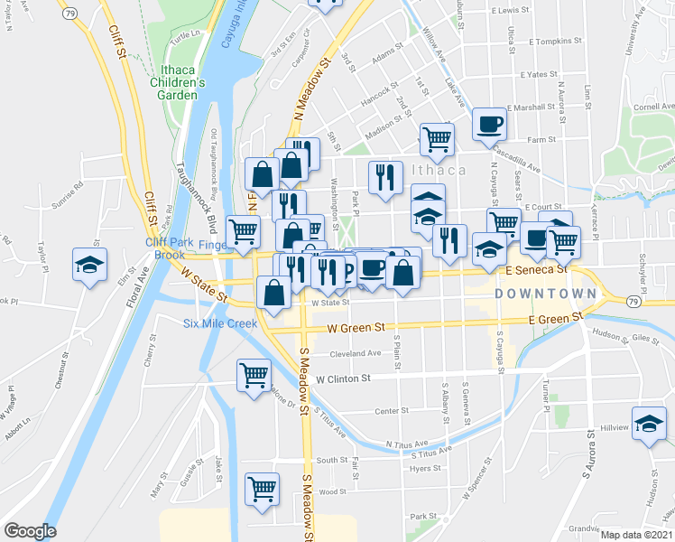 map of restaurants, bars, coffee shops, grocery stores, and more near 433 West Buffalo Street in Ithaca