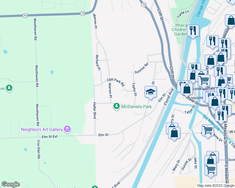 map of restaurants, bars, coffee shops, grocery stores, and more near 2 Cliff Park Circle in Ithaca