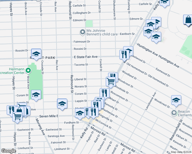 map of restaurants, bars, coffee shops, grocery stores, and more near 16300 Manning Avenue in Detroit