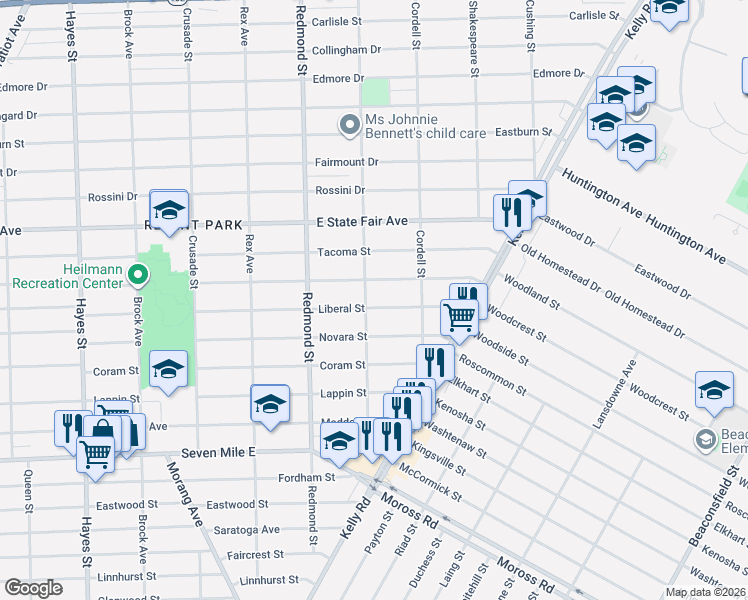 map of restaurants, bars, coffee shops, grocery stores, and more near 16214 Manning Street in Detroit