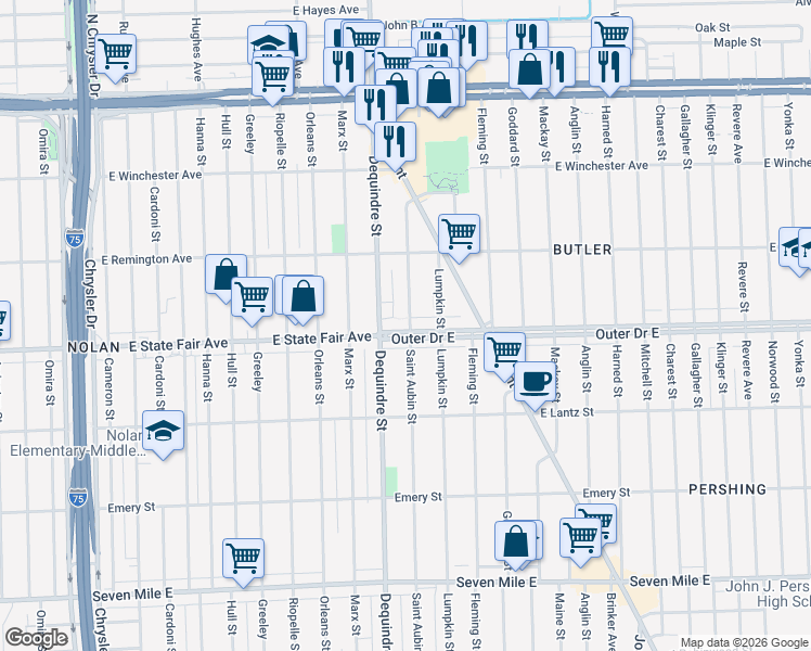 map of restaurants, bars, coffee shops, grocery stores, and more near 19957 Saint Aubin Street in Detroit
