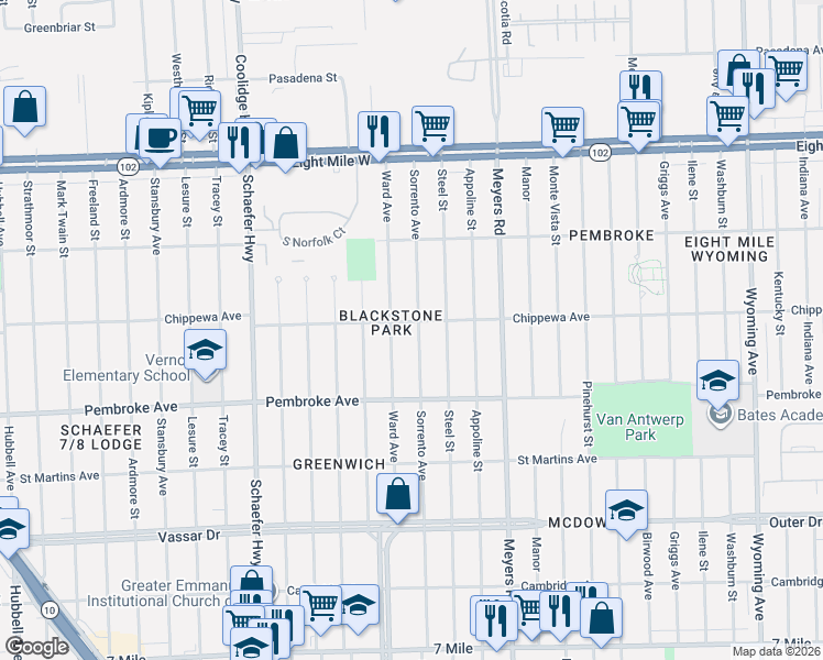 map of restaurants, bars, coffee shops, grocery stores, and more near 20112 Ward Avenue in Detroit