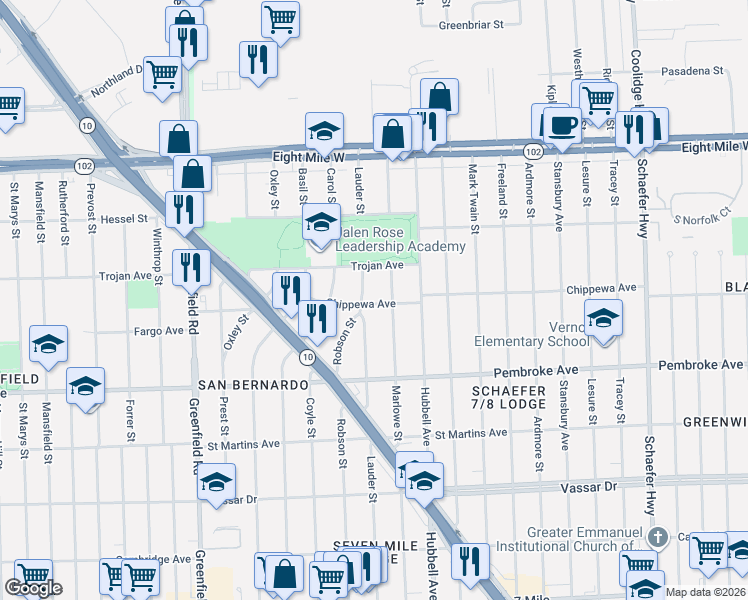map of restaurants, bars, coffee shops, grocery stores, and more near 20153 Lauder Street in Detroit