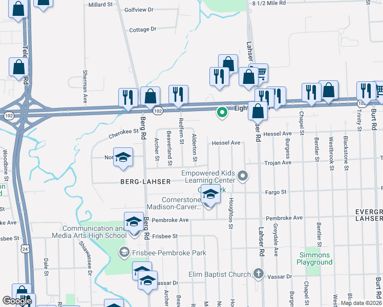 map of restaurants, bars, coffee shops, grocery stores, and more near 20298 Redfern Street in Detroit