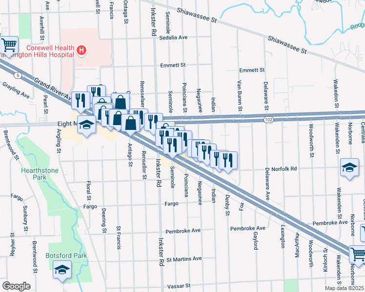 map of restaurants, bars, coffee shops, grocery stores, and more near 20493 Poinciana in Redford Charter Township