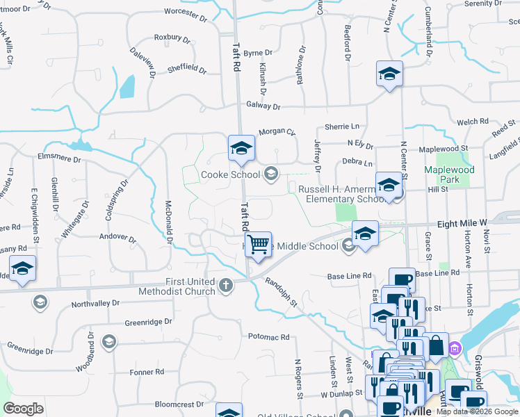 map of restaurants, bars, coffee shops, grocery stores, and more near 21092 Boulder Circle in Northville