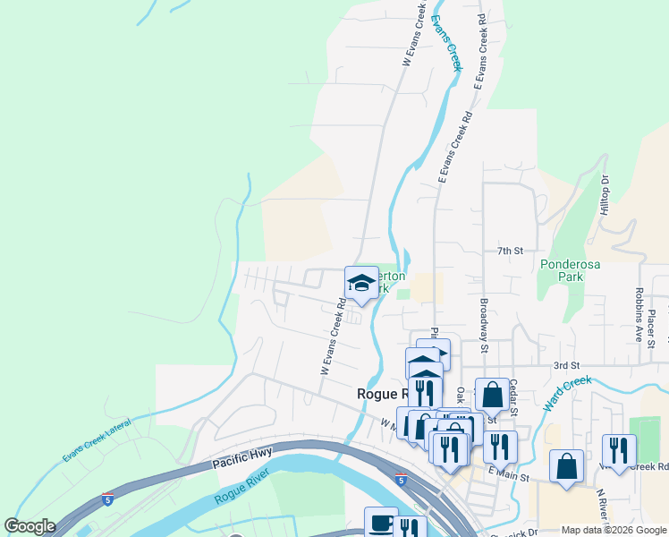 map of restaurants, bars, coffee shops, grocery stores, and more near 315 West Evans Creek Road in Rogue River