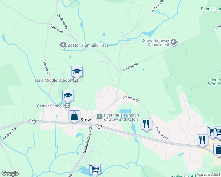 map of restaurants, bars, coffee shops, grocery stores, and more near 11 Warren Road in Stow