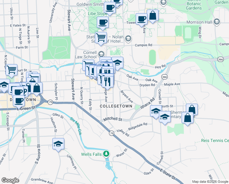 map of restaurants, bars, coffee shops, grocery stores, and more near 221 Linden Avenue in Ithaca