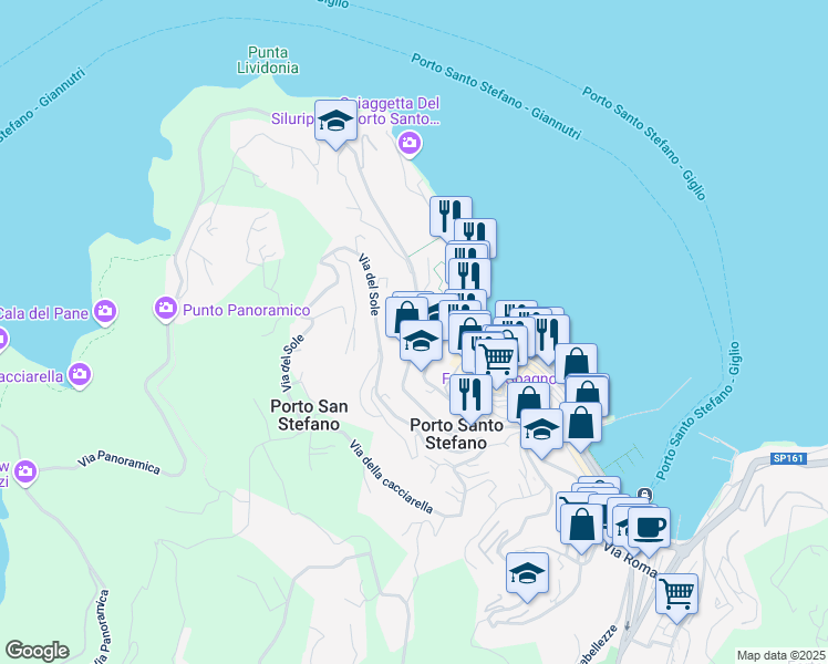 map of restaurants, bars, coffee shops, grocery stores, and more near 271 Via Panoramica in Porto Santo Stefano