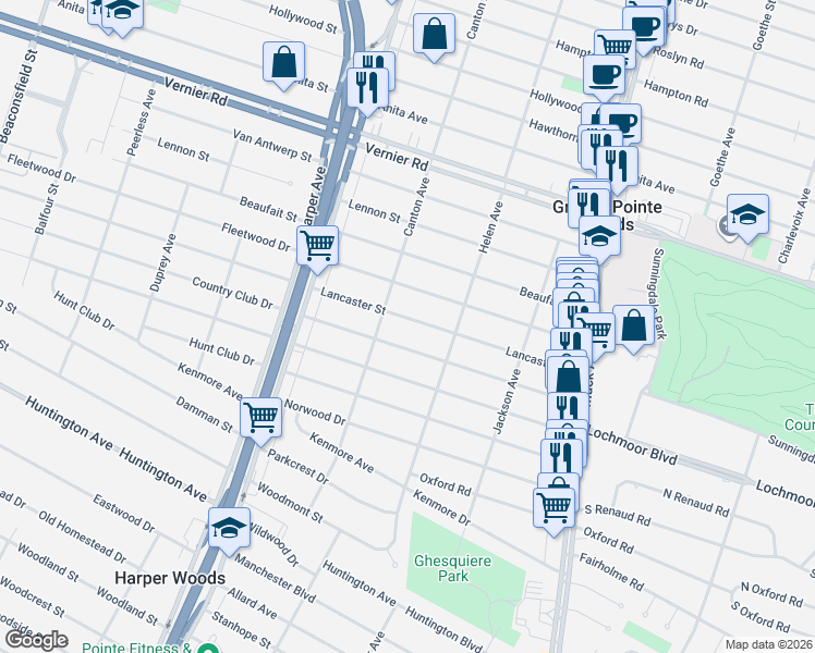 map of restaurants, bars, coffee shops, grocery stores, and more near 21168 Fleetwood Drive in Harper Woods