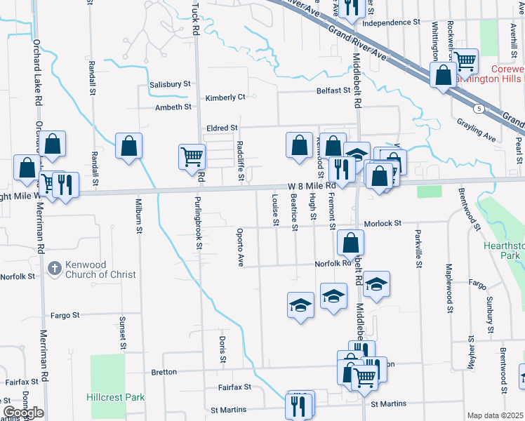 map of restaurants, bars, coffee shops, grocery stores, and more near 30029 Eight Mile Road in Livonia
