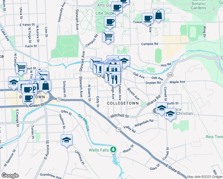 map of restaurants, bars, coffee shops, grocery stores, and more near 302 College Avenue in Ithaca