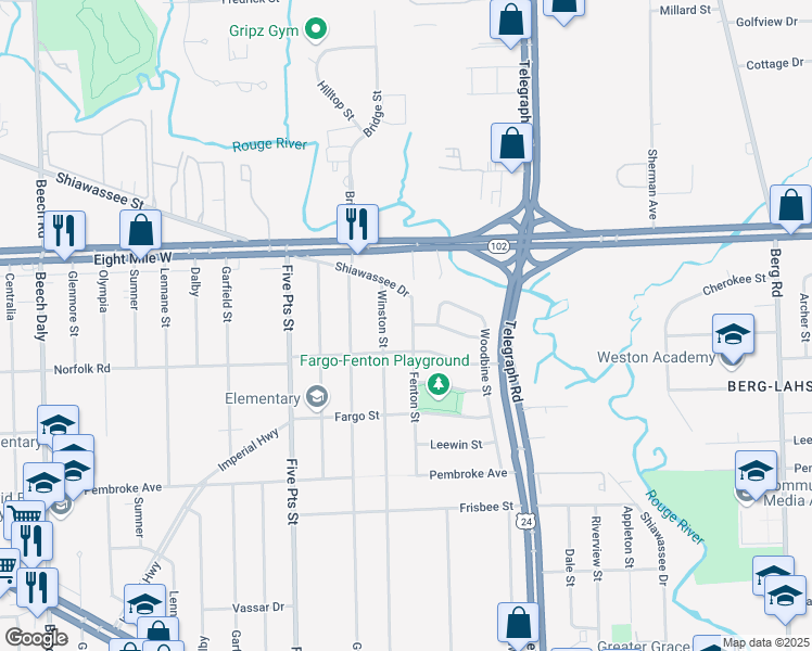 map of restaurants, bars, coffee shops, grocery stores, and more near 20451 Fenton Street in Detroit