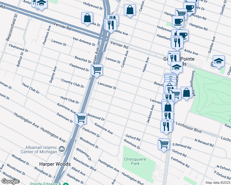 map of restaurants, bars, coffee shops, grocery stores, and more near 21101 Lancaster Street in Harper Woods