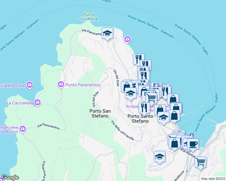 map of restaurants, bars, coffee shops, grocery stores, and more near 183 Via del Sole in Porto Santo Stefano