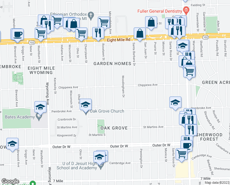 map of restaurants, bars, coffee shops, grocery stores, and more near 20022 Greenlawn Avenue in Detroit