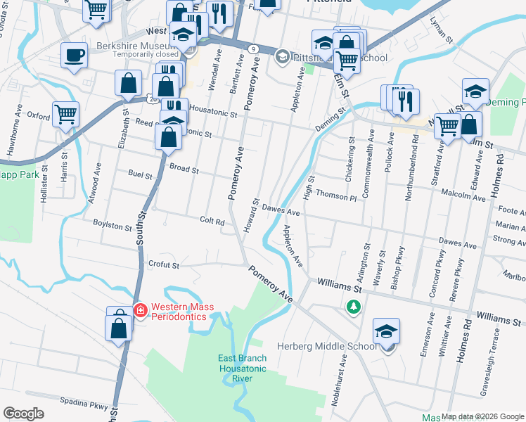 map of restaurants, bars, coffee shops, grocery stores, and more near 87 Howard Street in Pittsfield