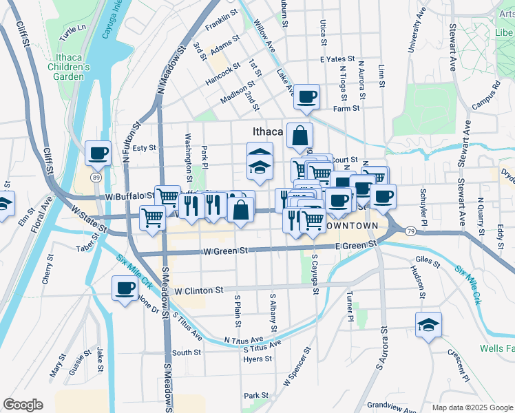 map of restaurants, bars, coffee shops, grocery stores, and more near 315 West Buffalo Street in Ithaca