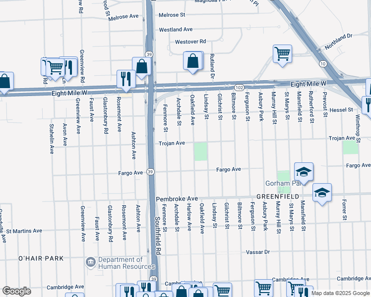 map of restaurants, bars, coffee shops, grocery stores, and more near 20200 Archdale Street in Detroit