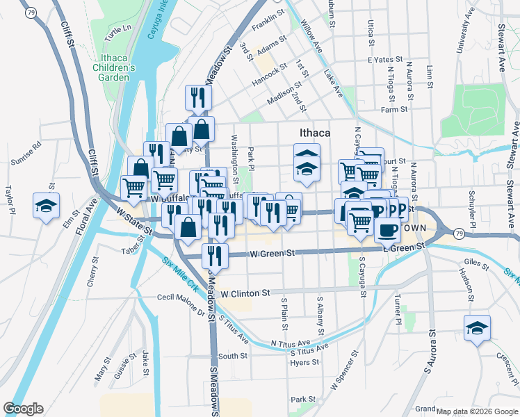 map of restaurants, bars, coffee shops, grocery stores, and more near 416 West Seneca Street in Ithaca