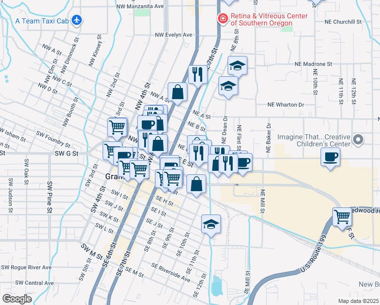 map of restaurants, bars, coffee shops, grocery stores, and more near 309 Northeast C Street in Grants Pass