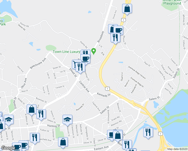 map of restaurants, bars, coffee shops, grocery stores, and more near 94-95A Greenwood Court in Malden