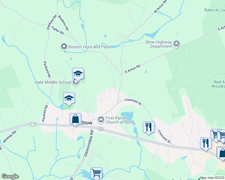 map of restaurants, bars, coffee shops, grocery stores, and more near 22 Grove Hill Road in Stow