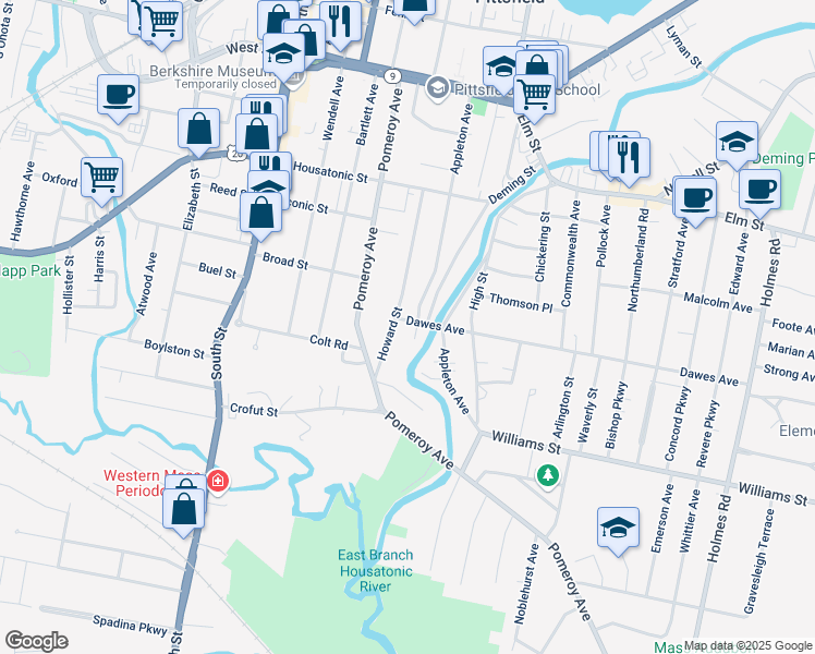 map of restaurants, bars, coffee shops, grocery stores, and more near 87 Howard Street in Pittsfield
