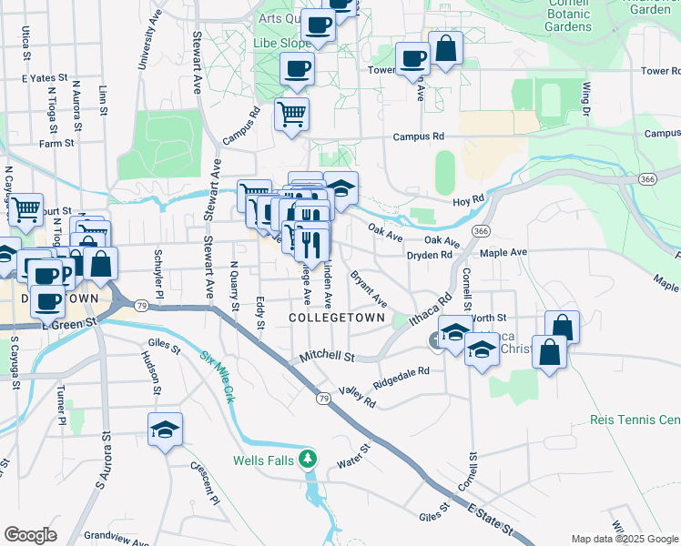map of restaurants, bars, coffee shops, grocery stores, and more near 306 Bryant Avenue in Ithaca