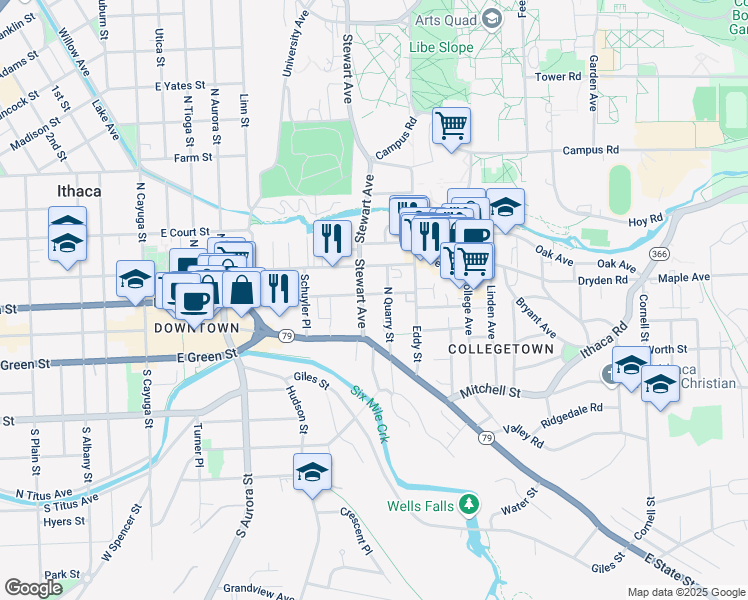map of restaurants, bars, coffee shops, grocery stores, and more near 207-09 Stewart Avenue in Ithaca